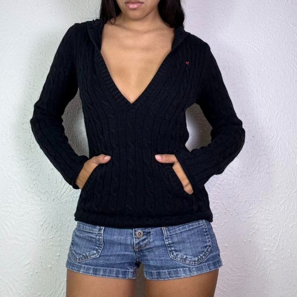 Y2k OLD NAVY BLACK KNIT V NECK SWEATER HOODIE